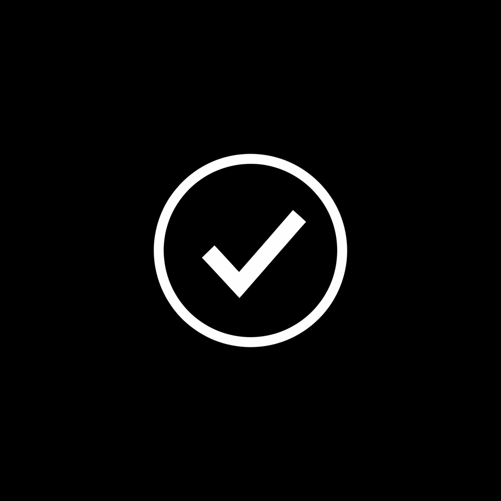 A minimalist modern circular logo with a solid black background. In the center, a clean white checkmark inside a circular outline, smooth and perfectly balanced. Flat design, high contrast, no text, no shadows, no gradients. Professional, trustworthy, and confirmation/success-themed aesthetic. Suitable for a Shopify store icon, UI element, or app logo.