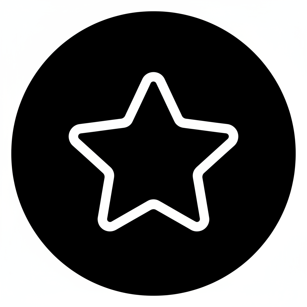 Create a simple, modern icon design.

A solid black circular background with a clean white outlined star in the center.
The star should have smooth, rounded edges and a minimal, flat design.
No text, no gradients, no shadows.
Style should be professional, modern, and suitable for an ecommerce website.
Icon should represent premium quality, trust, or featured service.
White star centered perfectly inside a black circle.
